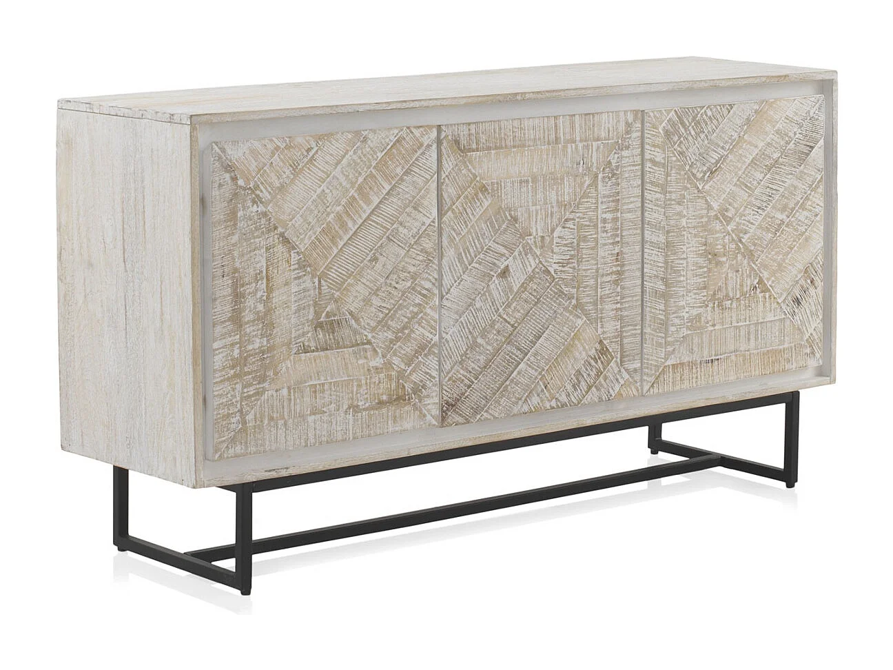 Buffet 3 portes en bois massif de manguier blanc patiné