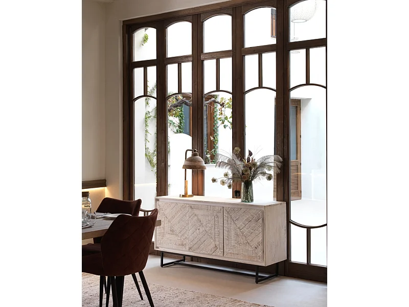 Buffet 3 portes en bois massif de manguier blanc patiné