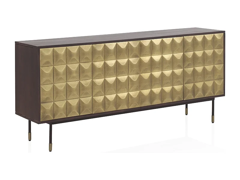 Sideboard mit 4 Türen aus massivem Mangoholz und goldener Messingfront