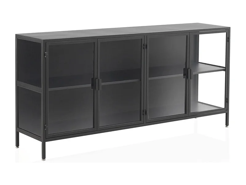 Sideboard mit Glastüren und Glasseiten und schwarzem Metallgestell