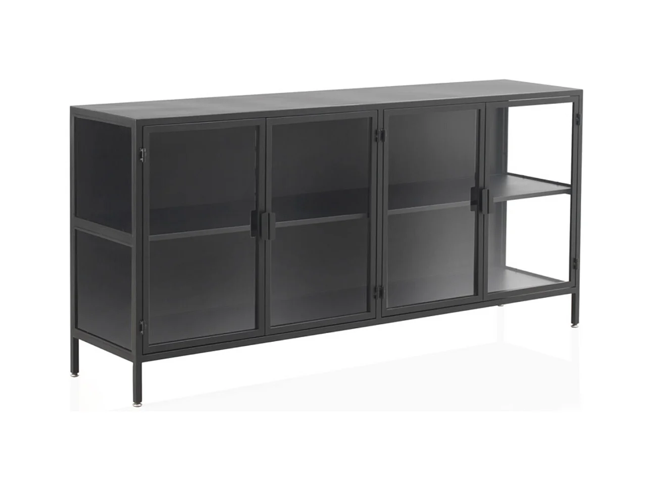 Buffet avec portes et côtés en verre, structure en métal noir