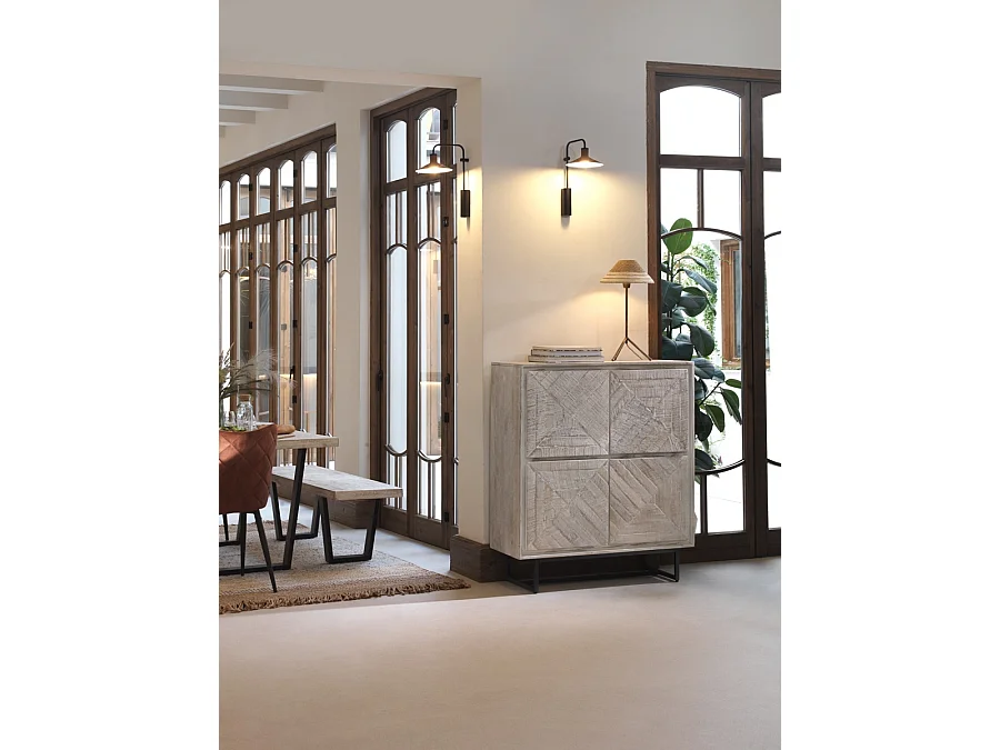 Buffet haut en bois massif de manguier blanc patiné