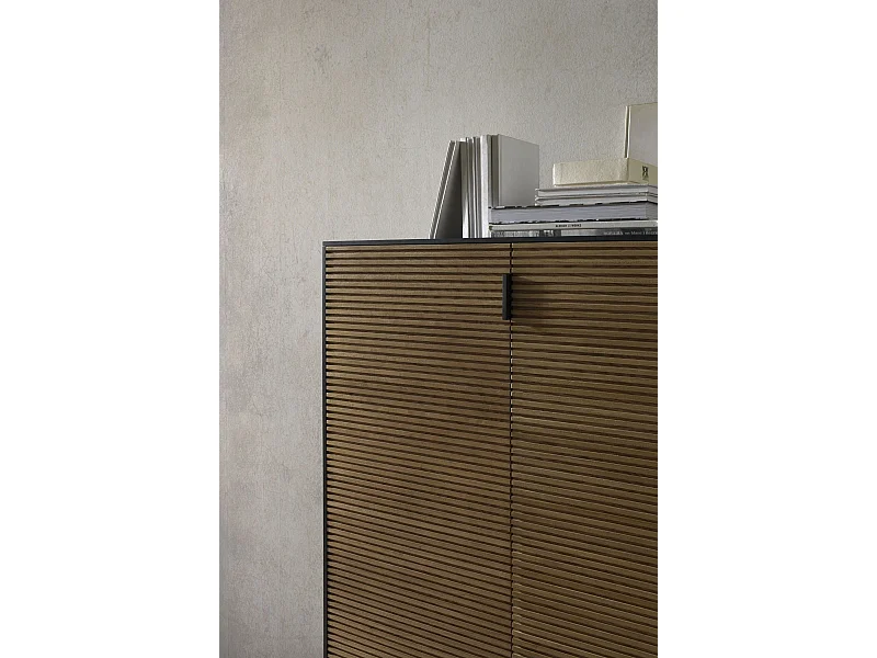 Vitrine plaquée en bois de frêne noir avec portes naturelles