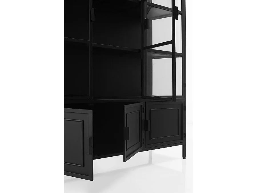 Vitrine avec portes et côtés en verre et structure métallique noire