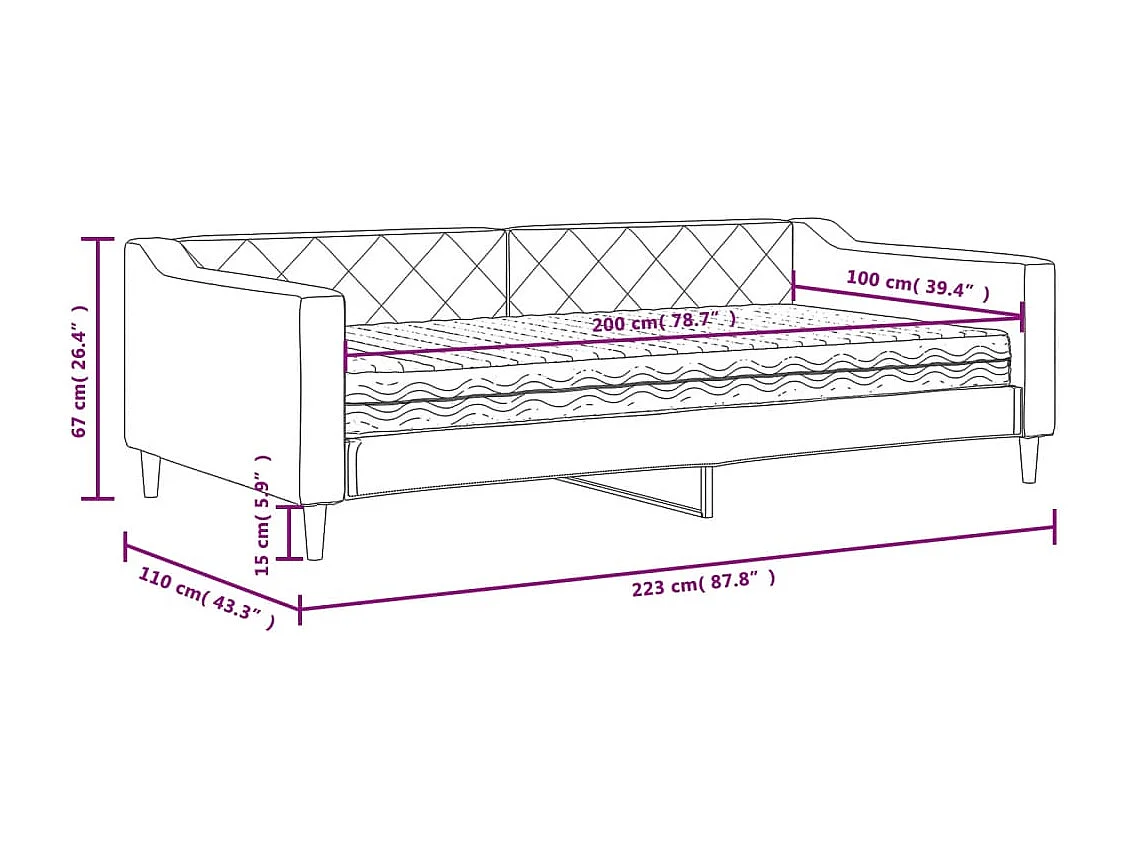 Lit de jour avec matelas gris clair 100x200 cm tissu