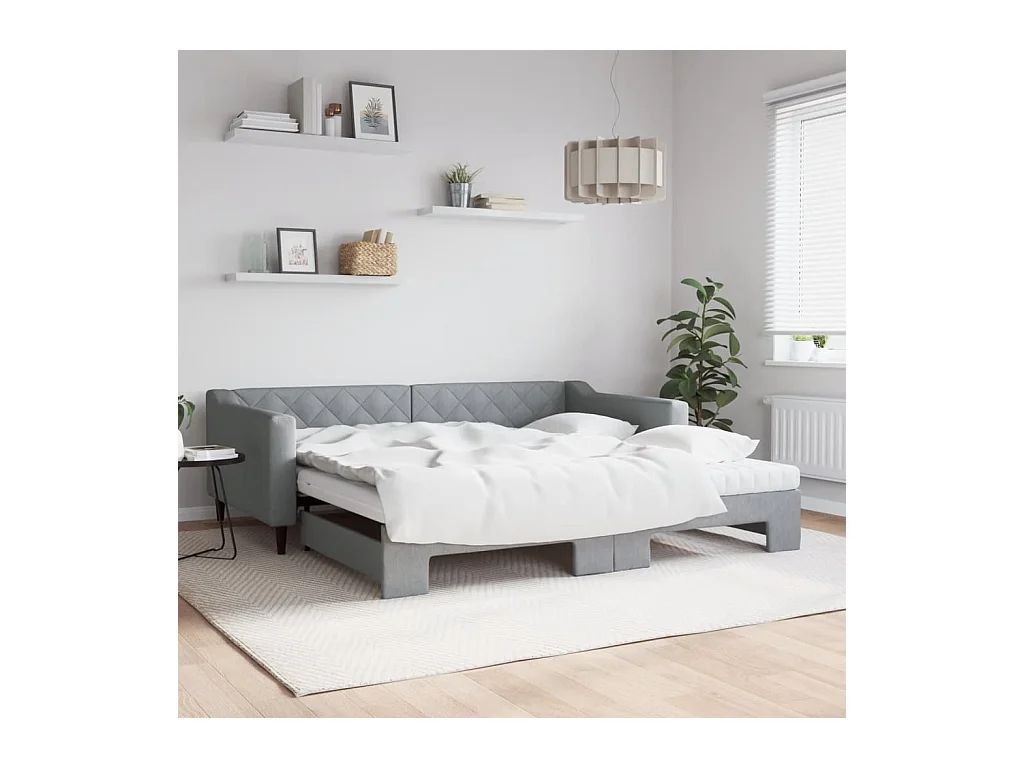 Lit de jour avec gigogne et matelas gris clair 100x200 cm tissu