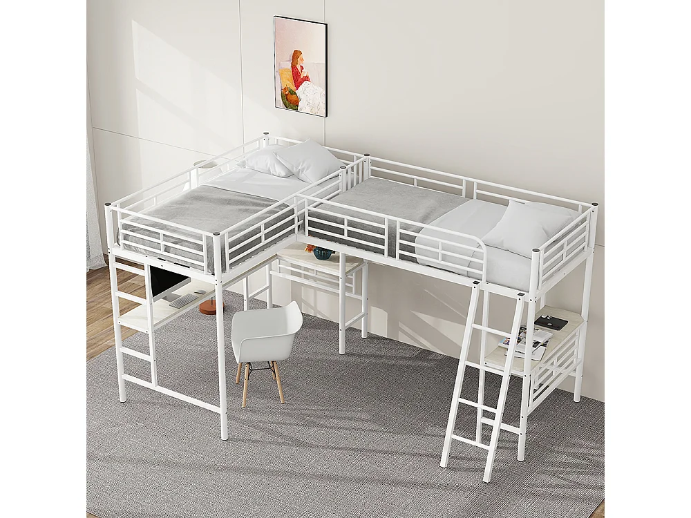 Lit superposé 90x200 cm Lit Simple table sous le lit escalier double rampe haute blanc