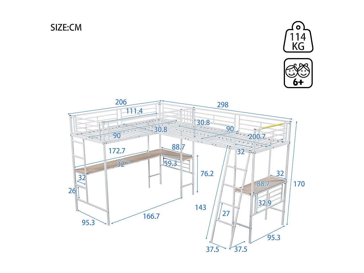 Lit superposé 90x200 cm Lit Simple table sous le lit escalier double rampe haute blanc