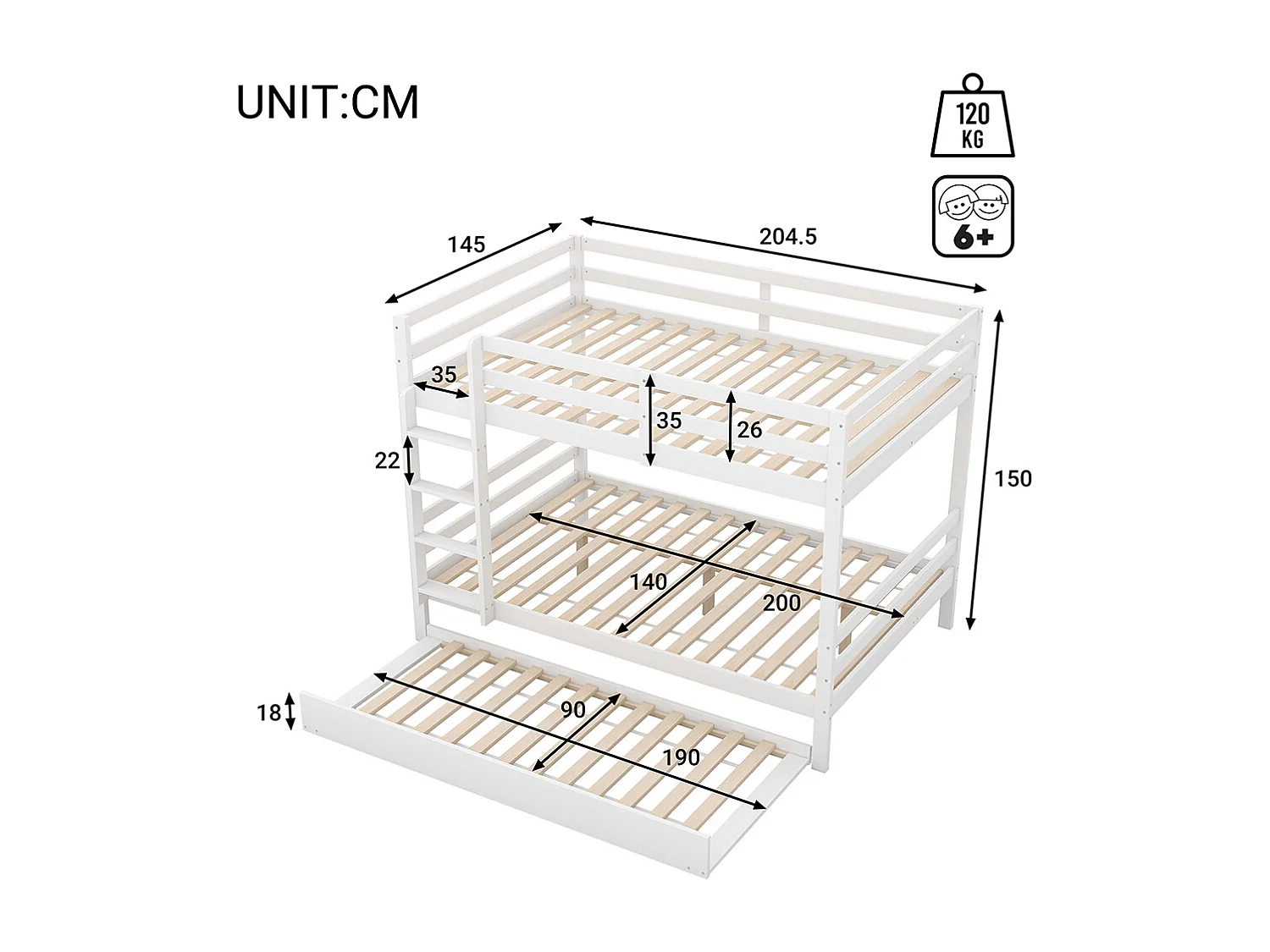 Lit superposés Lit jeune 140x200 cm Lits d'enfant avec lit gigogne Rampes hautes Escalier stable Blanc