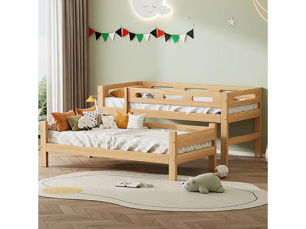 Lit superposé Lit enfants et adolescents divisé en 2 Lit cabane 90x200cm Naturel