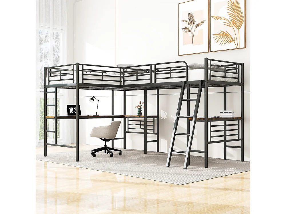 Lit superposé 90x200 cm Lit Simple table sous le lit escalier double rampe haute noir