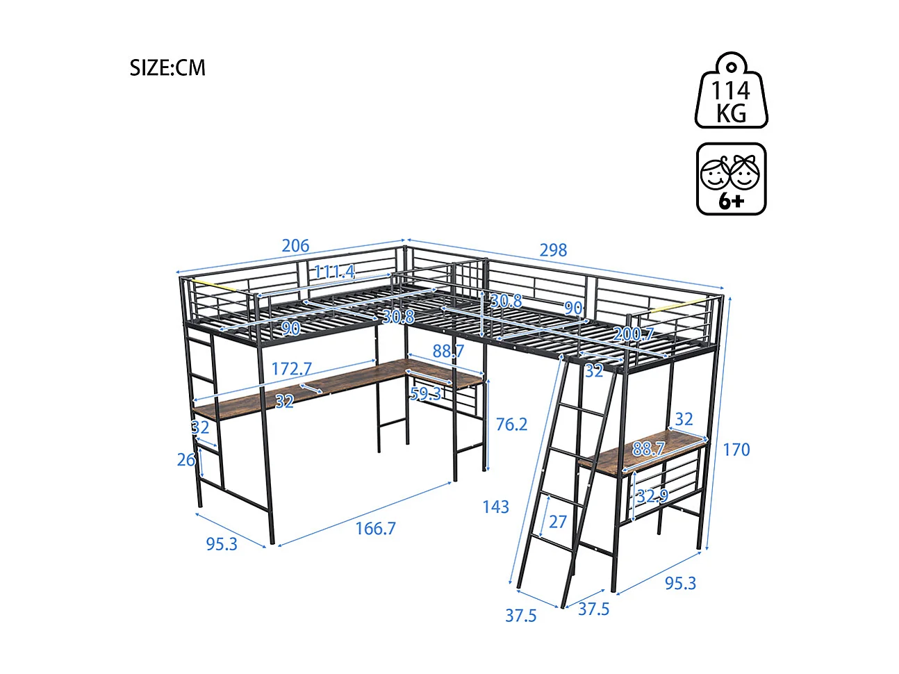 Lit superposé 90x200 cm Lit Simple table sous le lit escalier double rampe haute noir