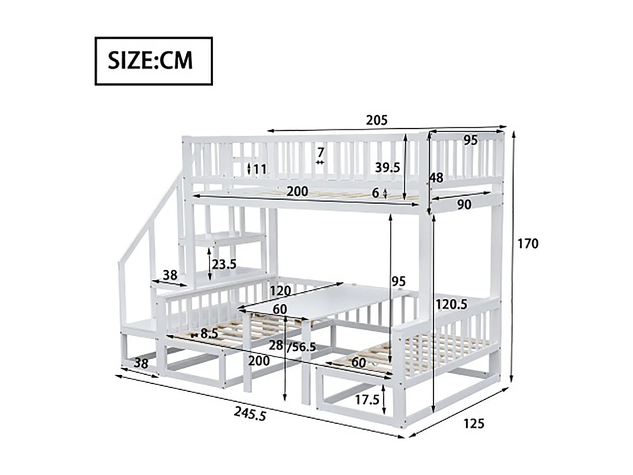 Lit superposé peu encombrant avec escalier table réglable canapé en bois blanc Lit cabane 90x200cm