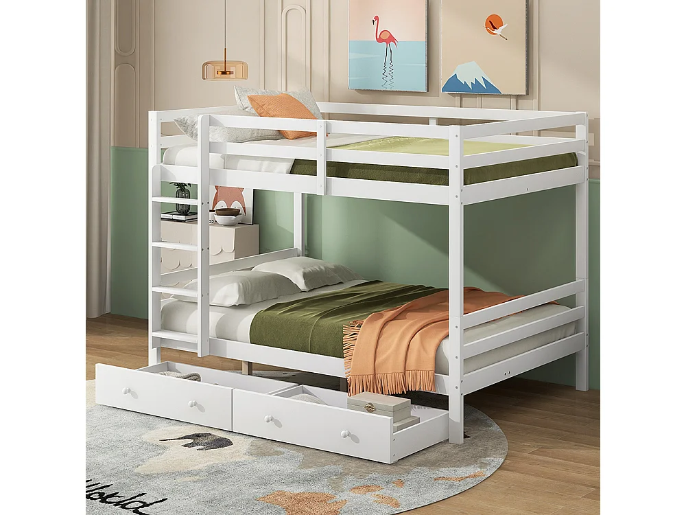 Lit superposés Lit jeune 140x200 cm Lits d'enfant avec tiroirs espace de rangement rampe haute, Blanc