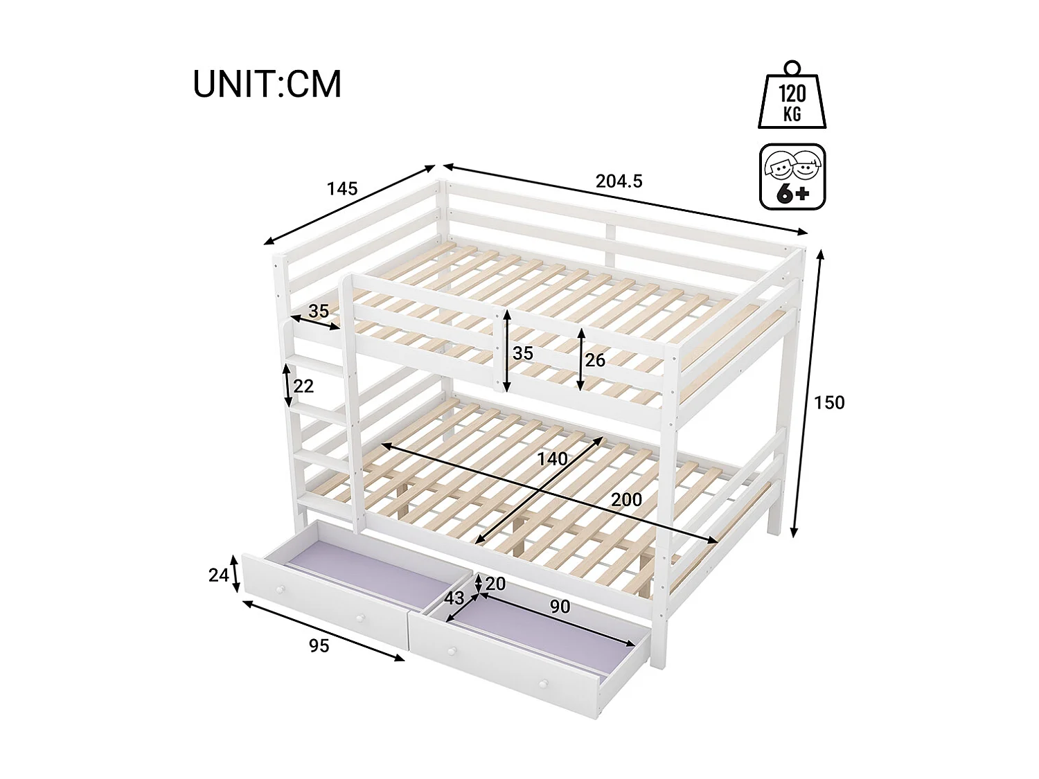 Lit superposés Lit jeune 140x200 cm Lits d'enfant avec tiroirs espace de rangement rampe haute, Blanc