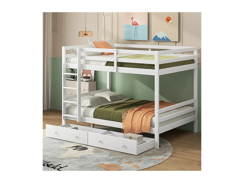 Lit superposés Lit jeune 140x200 cm Lits d'enfant avec tiroirs espace de rangement rampe haute, Blanc