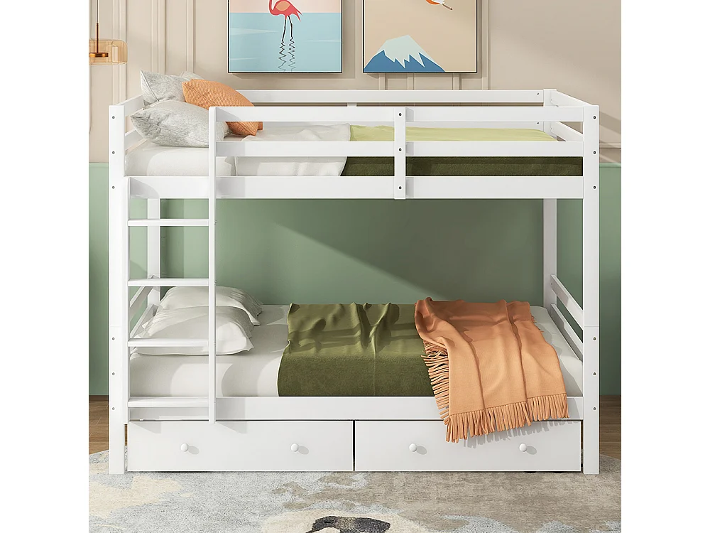 Lit superposés Lit jeune 140x200 cm Lits d'enfant avec tiroirs espace de rangement rampe haute, Blanc