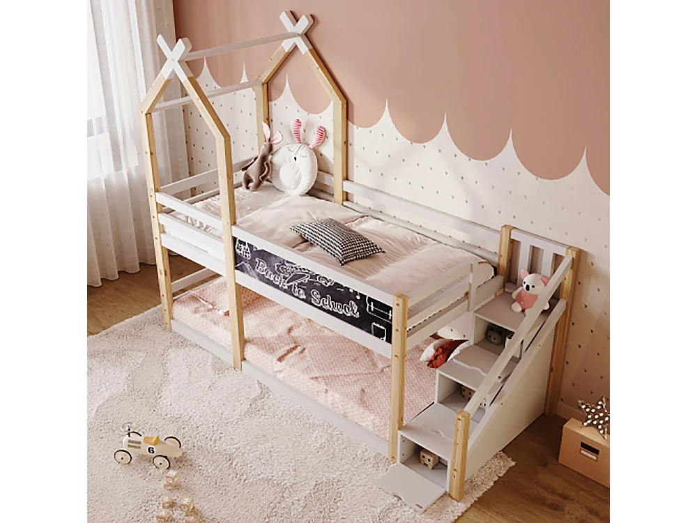 Lit superposé lit d'enfant avec rangement et protection contre les chutes Lit cabane 90 x 200 cm lit mezzanine