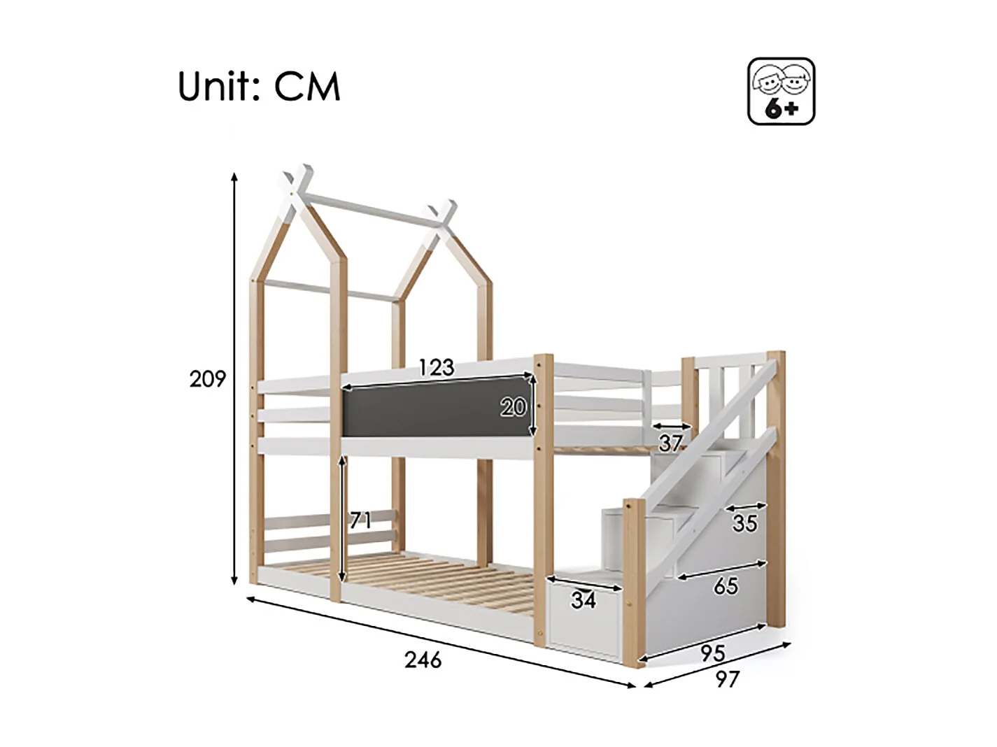 Lit superposé lit d'enfant avec rangement et protection contre les chutes Lit cabane 90 x 200 cm lit mezzanine