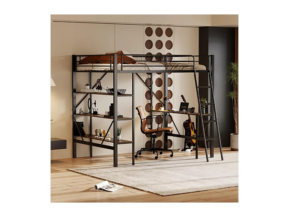 Lits superposés 90x200cm lit mezzanine avec bureau et trois grandes étagères noir