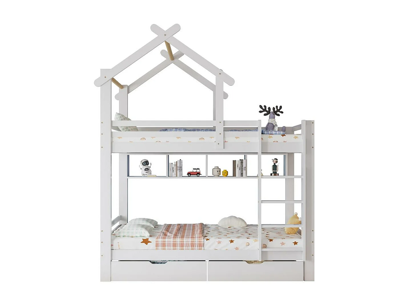 Lit superposé avec tiroirs échelle à angle droit à trois marches lit enfant avec protection blanc 90x200cm