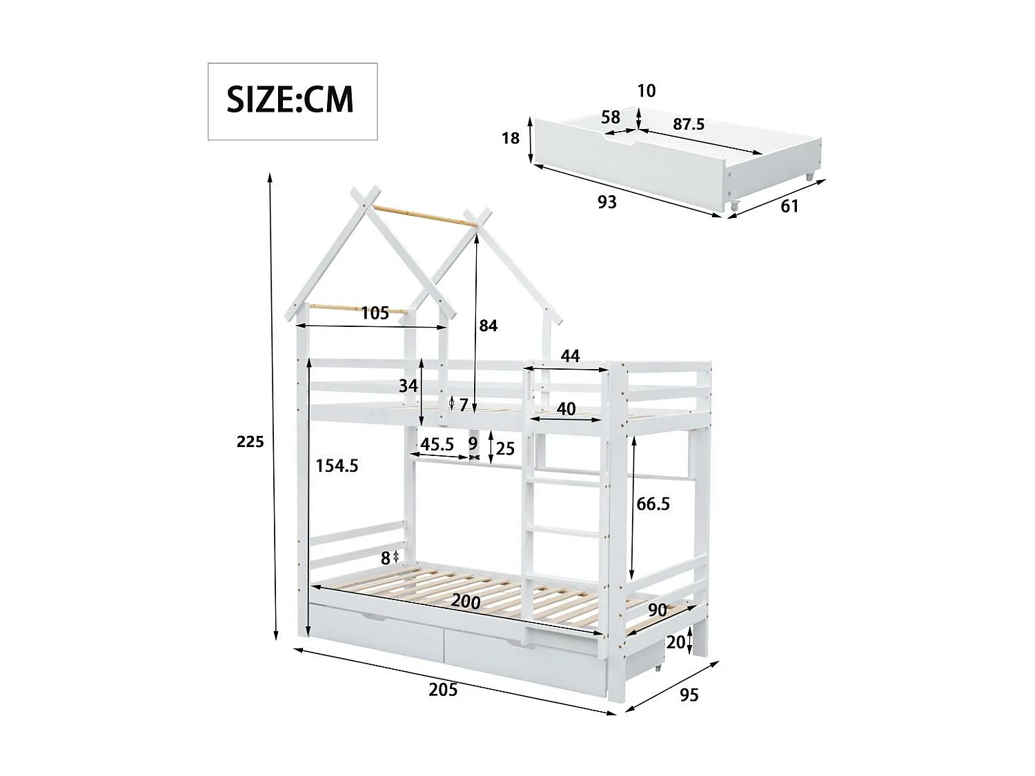 Lit superposé avec tiroirs échelle à angle droit à trois marches lit enfant avec protection blanc 90x200cm