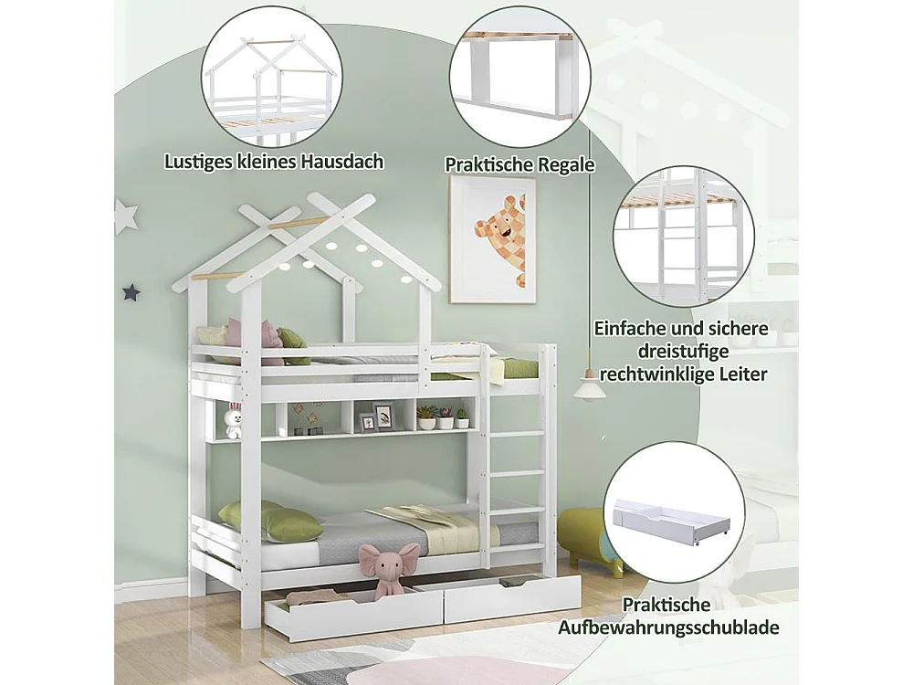 Lit superposé avec tiroirs échelle à angle droit à trois marches lit enfant avec protection blanc 90x200cm