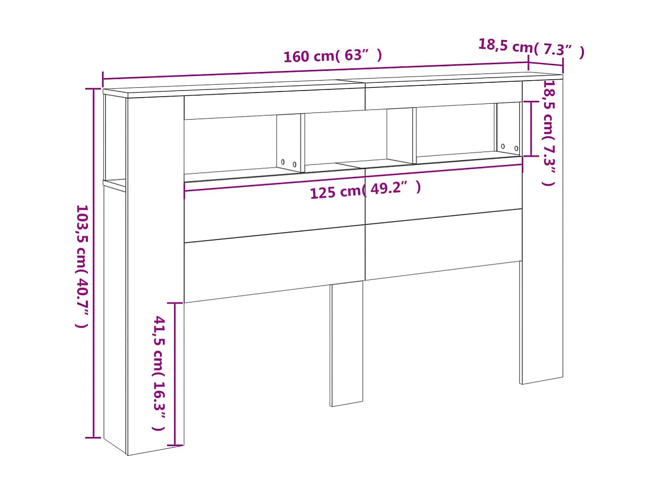 Hoofdeinde met LED 160x18,5x103,5 cm bewerkt hout grijs sonoma