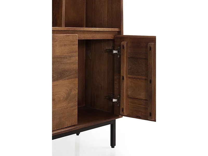 Bücherregal mit 2 Türen aus massivem Mangoholz und Metallsockel