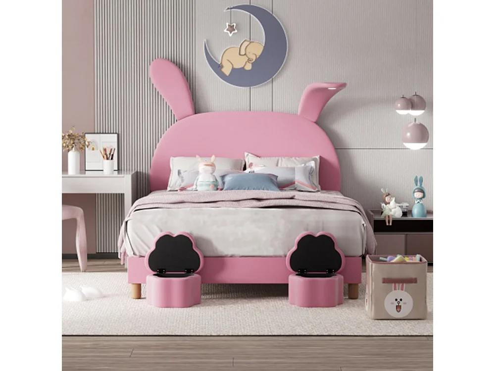 Lit enfant Lit LED 140x200 avec tabourets de rangement oreilles de lapin escamotables tête de lit réglable en hauteur rose