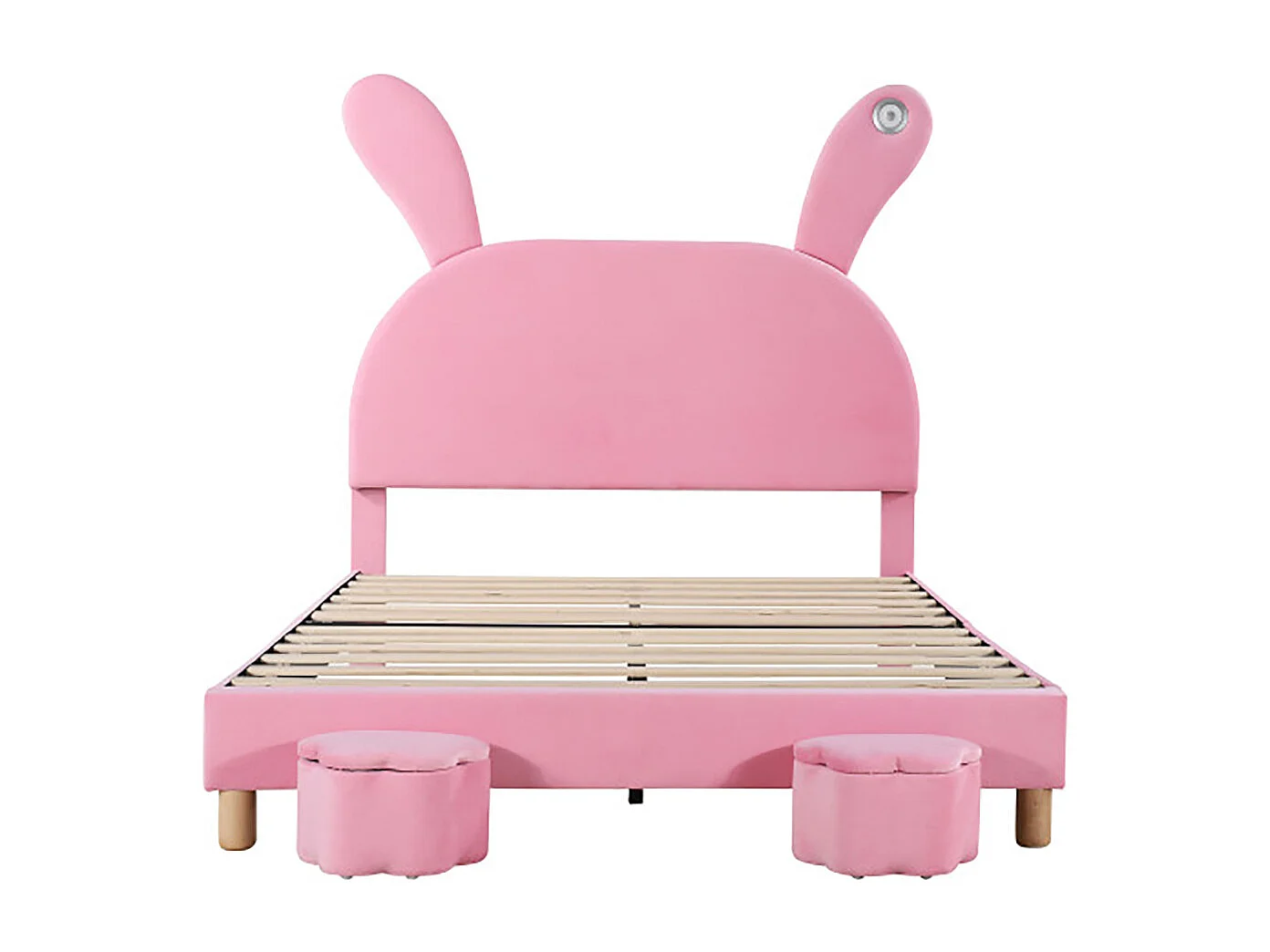 Lit enfant Lit LED 140x200 avec tabourets de rangement oreilles de lapin escamotables tête de lit réglable en hauteur rose