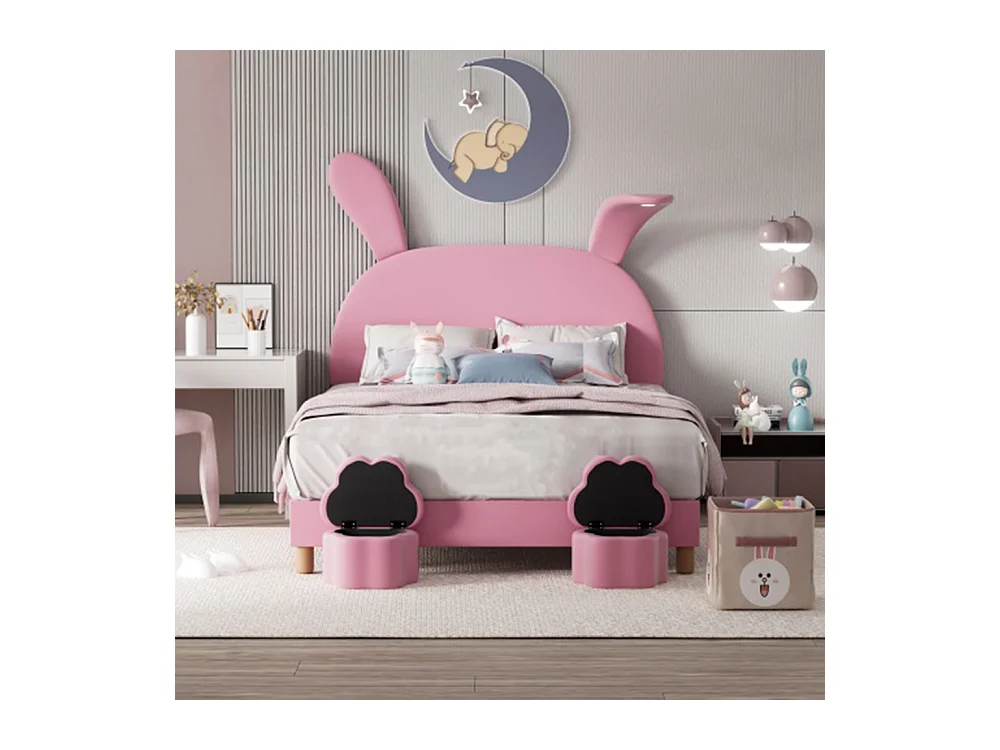 Lit enfant Lit LED 140x200 avec tabourets de rangement oreilles de lapin escamotables tête de lit réglable en hauteur rose
