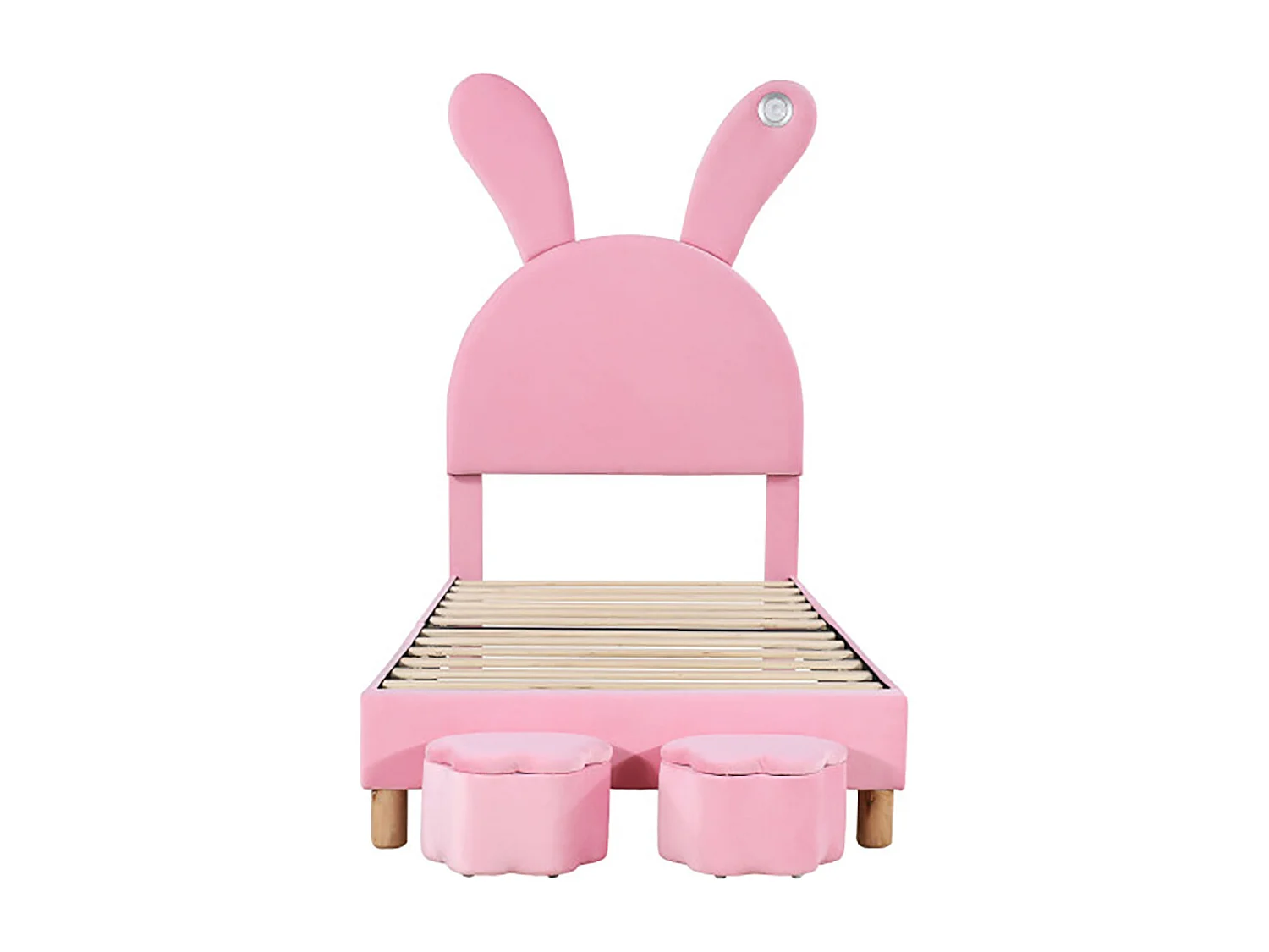 Lit enfant Lit LED 90x200 avec tabourets de rangement oreilles de lapin escamotables tête de lit réglable en hauteur rose