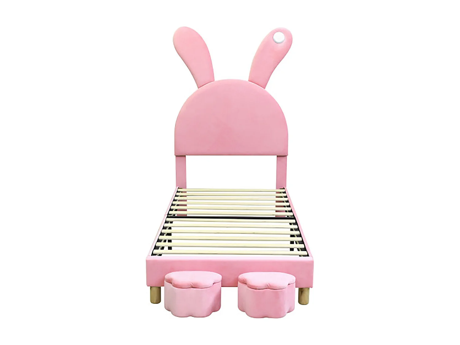 Lit enfant Lit LED 90x200 avec tabourets de rangement oreilles de lapin escamotables tête de lit réglable en hauteur rose