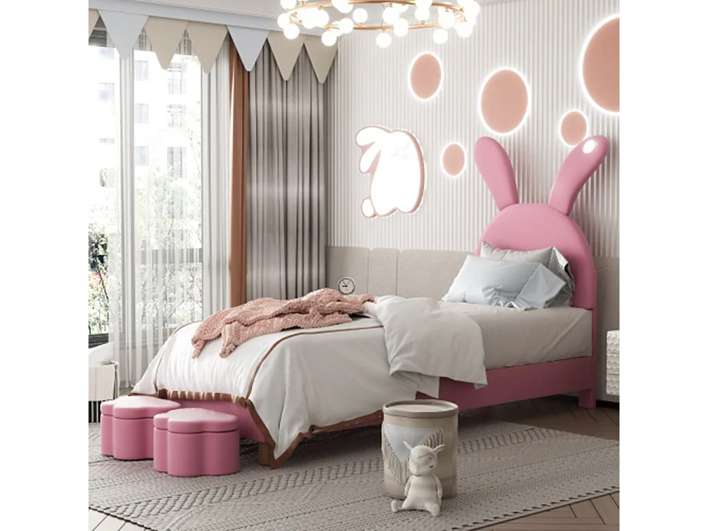 Lit enfant Lit LED 90x200 avec tabourets de rangement oreilles de lapin escamotables tête de lit réglable en hauteur rose