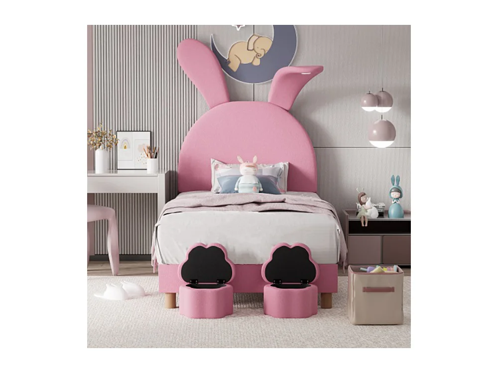 Lit enfant Lit LED 90x200 avec tabourets de rangement oreilles de lapin escamotables tête de lit réglable en hauteur rose