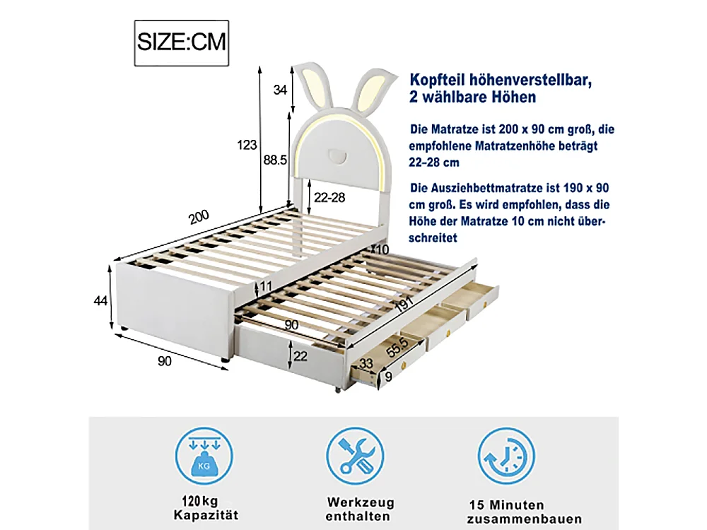 Lit gigogne enfant 90 x 200 cm velours canapé-lit avec lit gigogne tiroir de rangement et lumière LED beige