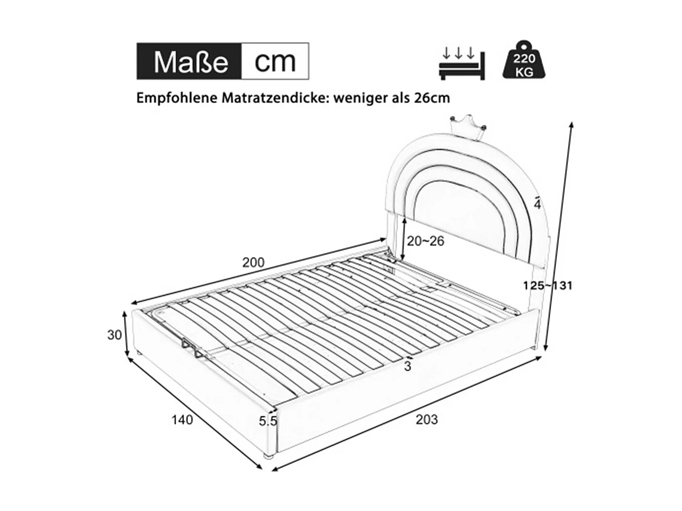 Lit d'enfant Lit Tapissé 140x200 Lit Hydraulique Lit Jeune avec Sommier à Lattes et Tête de Lit Réglable en Hauteur PU Violet clair
