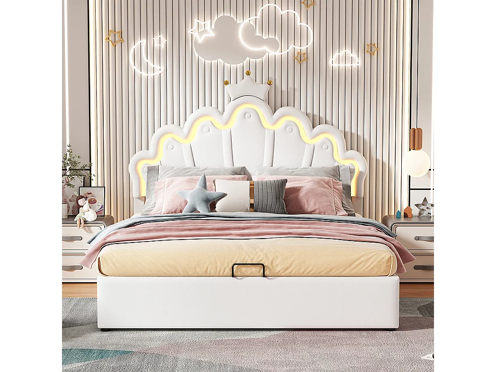 Lit coffre 140x200 cm Lit double rembourrage doux en cuir PU LED réglable beige