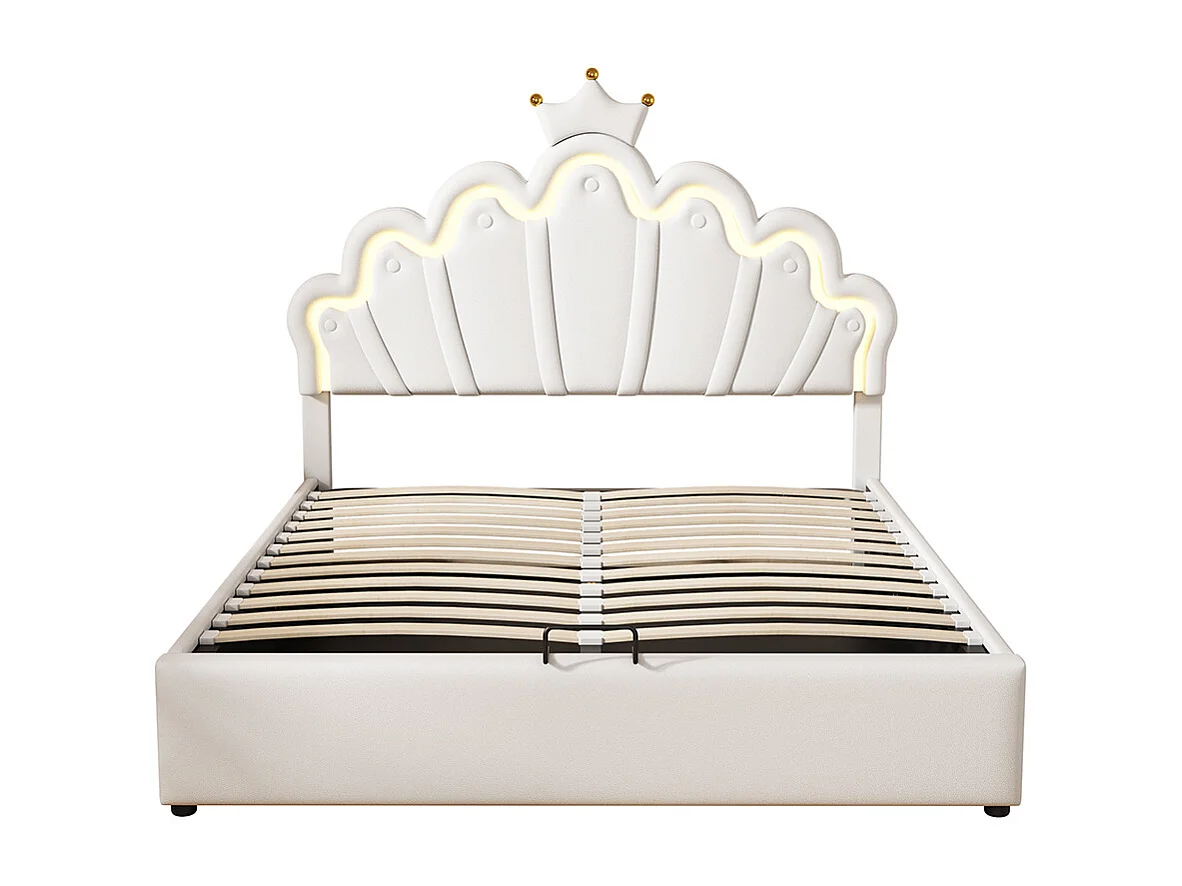 Lit coffre 140x200 cm Lit double rembourrage doux en cuir PU LED réglable beige