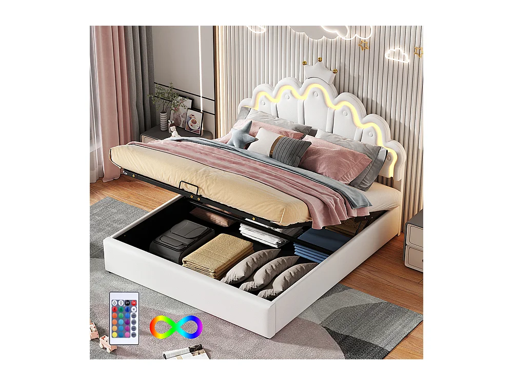 Lit coffre 140x200 cm Lit double rembourrage doux en cuir PU LED réglable beige