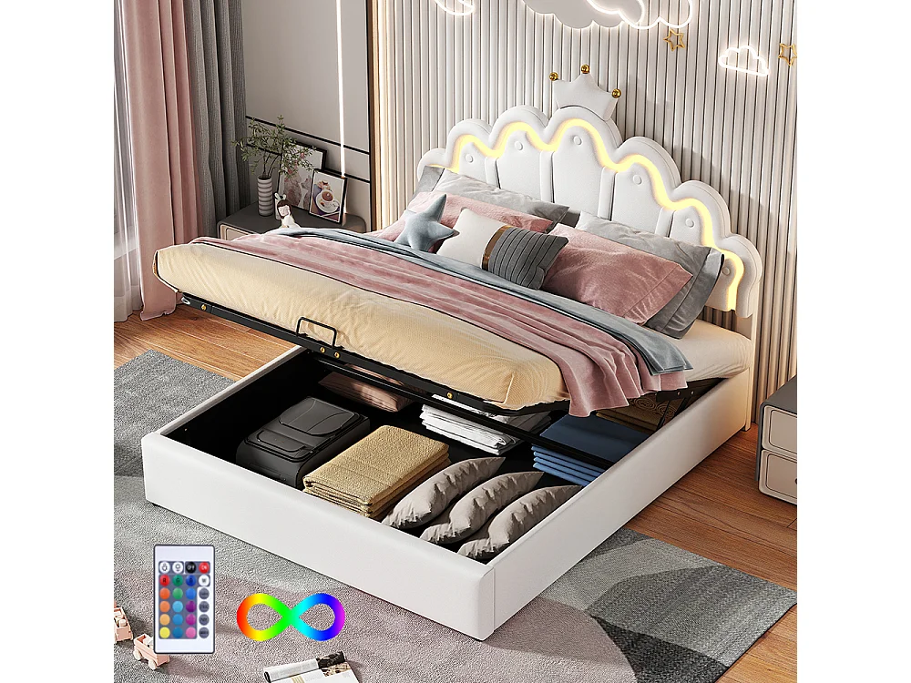 Lit coffre 140x200 cm Lit double rembourrage doux en cuir PU LED réglable beige