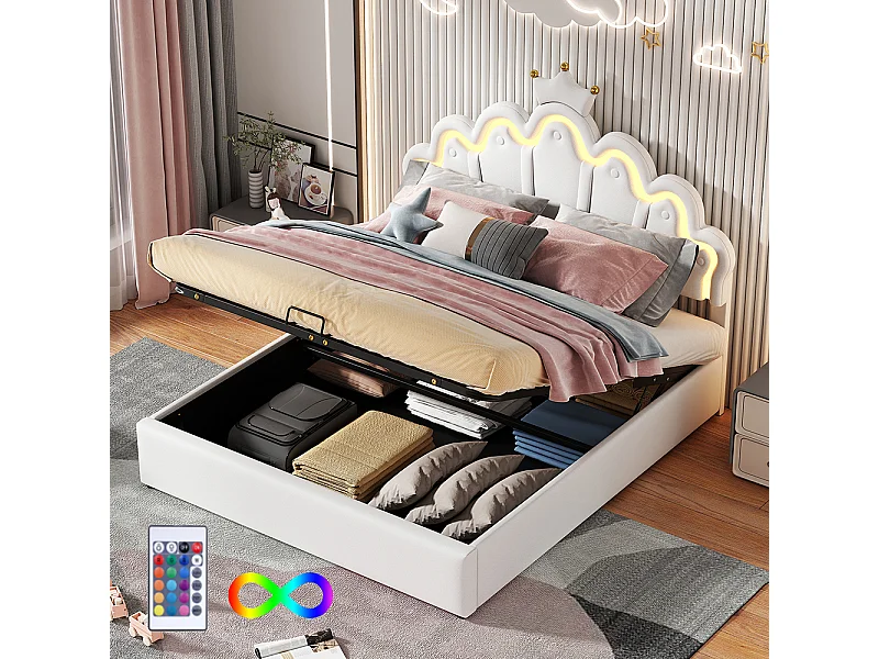 Lit coffre 140x200 cm Lit double rembourrage doux en cuir PU LED réglable beige