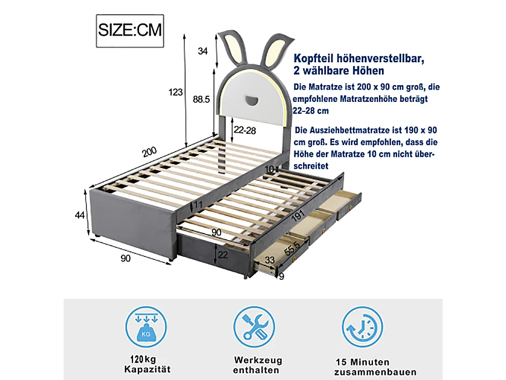 Lit gigogne enfant 90 x 200 cm velours canapé-lit avec lit gigogne tiroir de rangement et lumière LED gris