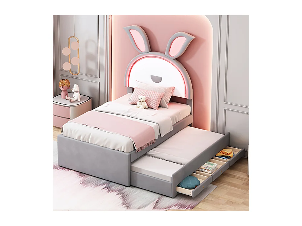 Lit gigogne enfant 90 x 200 cm velours canapé-lit avec lit gigogne tiroir de rangement et lumière LED gris