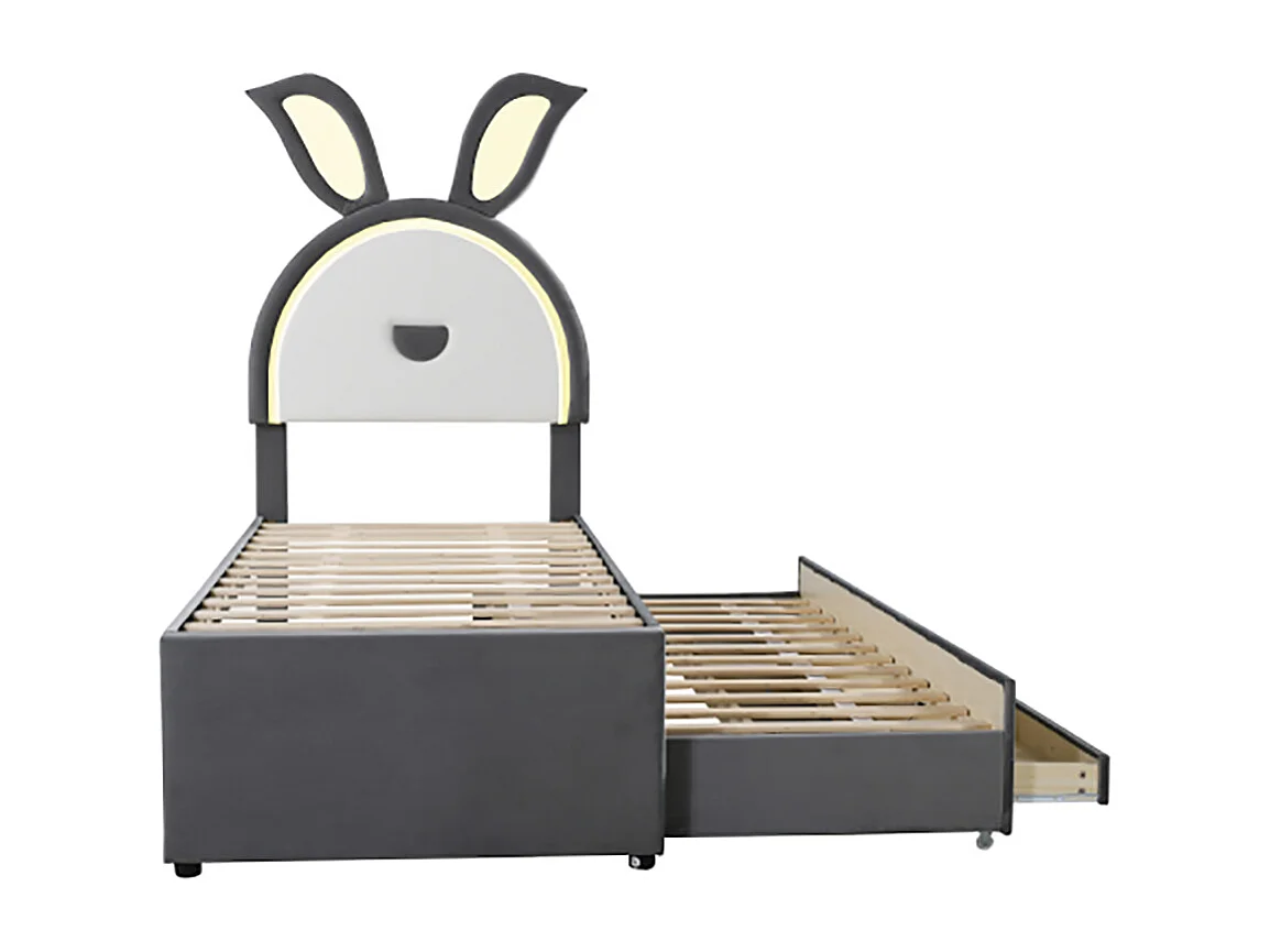 Lit gigogne enfant 90 x 200 cm velours canapé-lit avec lit gigogne tiroir de rangement et lumière LED gris