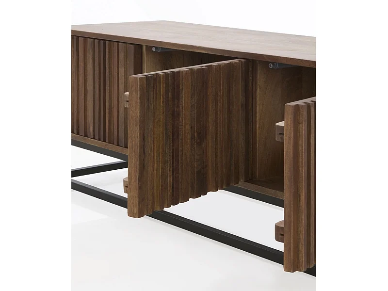 Meuble TV 3 portes en bois de manguier massif et base métallique