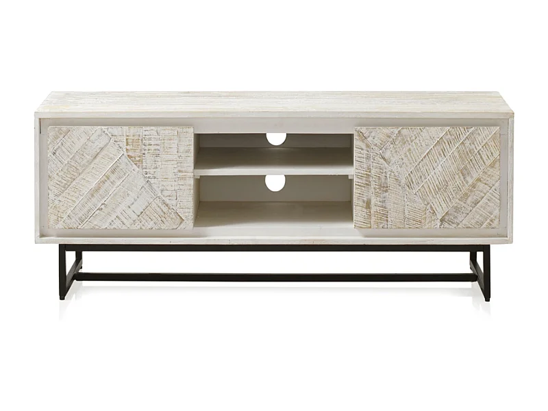 Meuble TV en bois massif de manguier blanc patiné