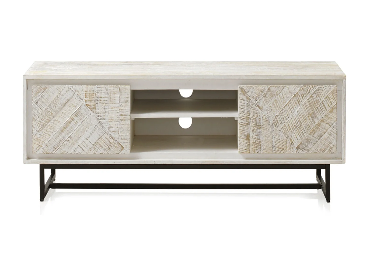 Meuble TV en bois massif de manguier blanc patiné