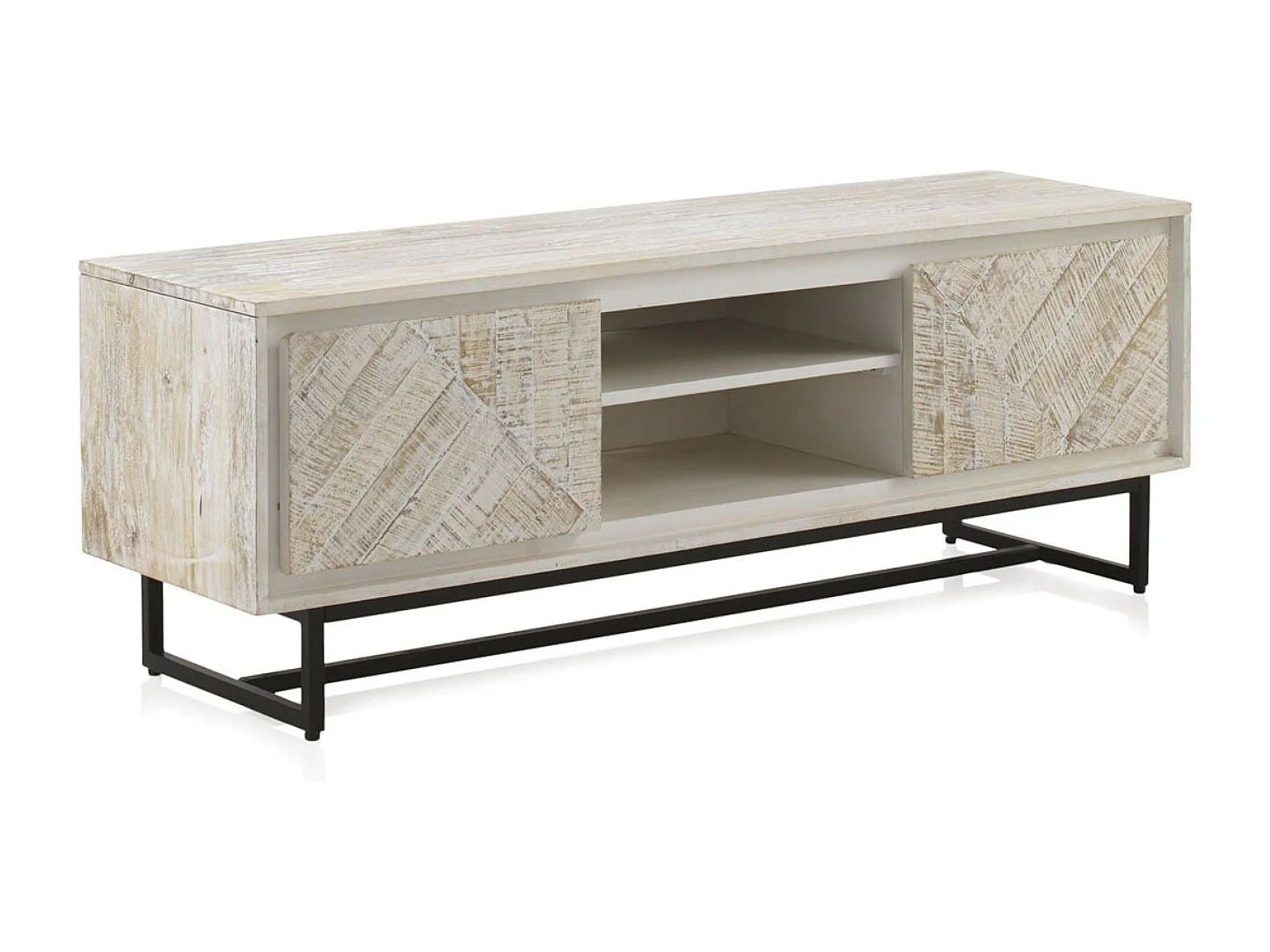 Meuble TV en bois massif de manguier blanc patiné